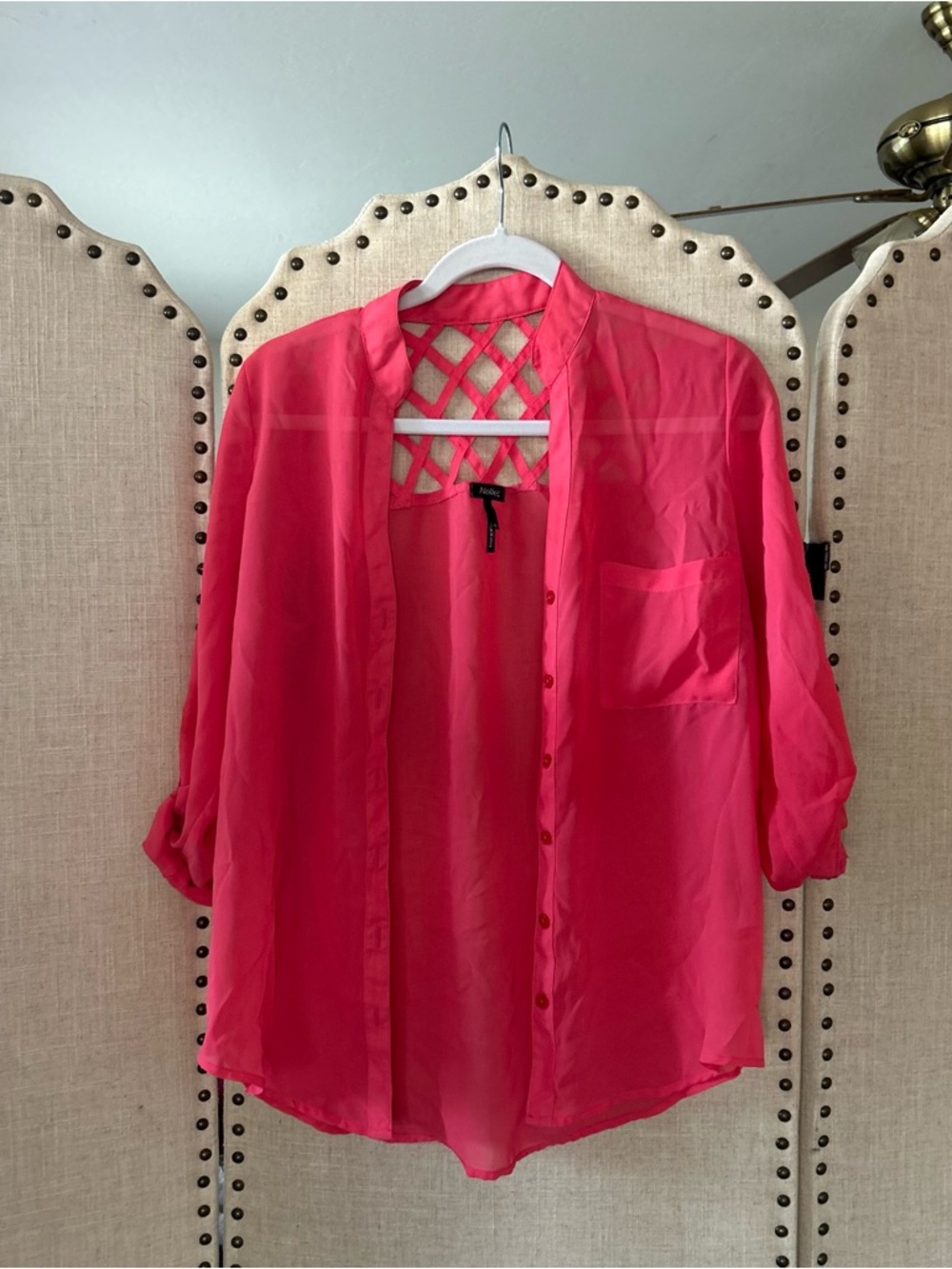 Nollie Pink Sheer Blouse Lattice Back Button Up Top Small